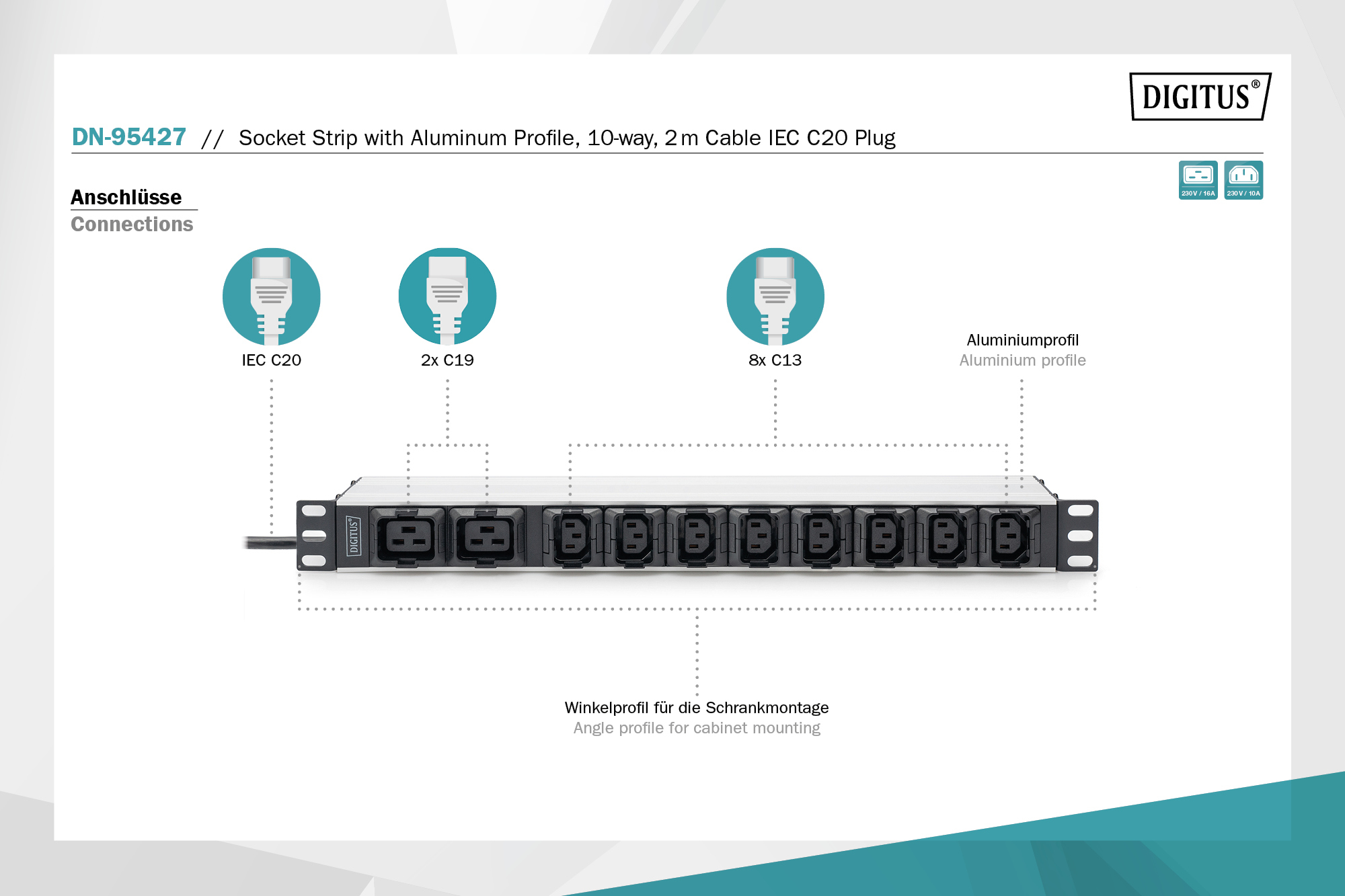 19" PDU, 8x C13, 2x C19, C20, 16A