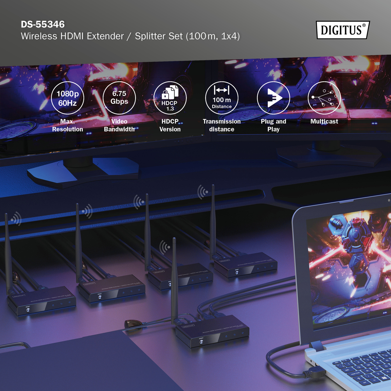 Wireless HDMI Extender / Splitter Set, 100m, 1x4
