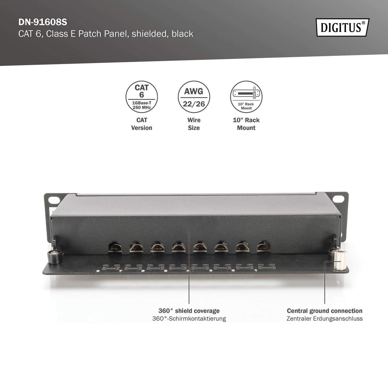 Cat.6 Patchpanel, 8-Port, 10", schwarz