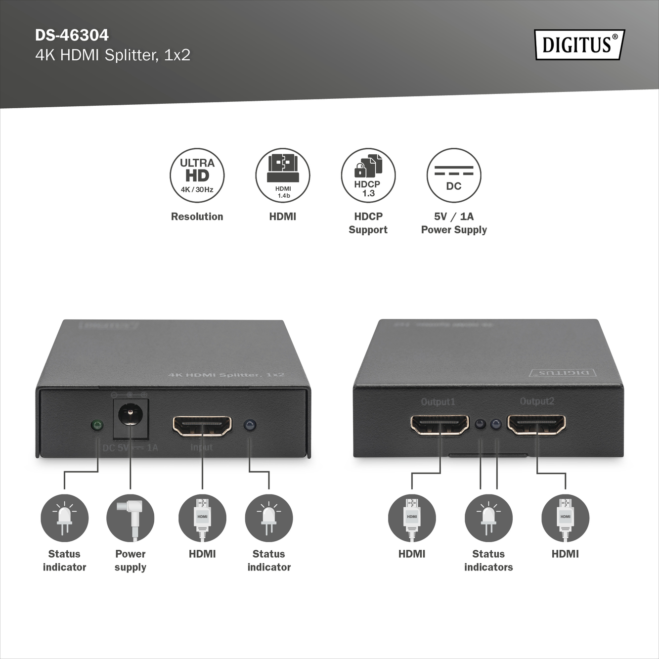 4K HDMI Splitter, 1x2, UHD 30Hz