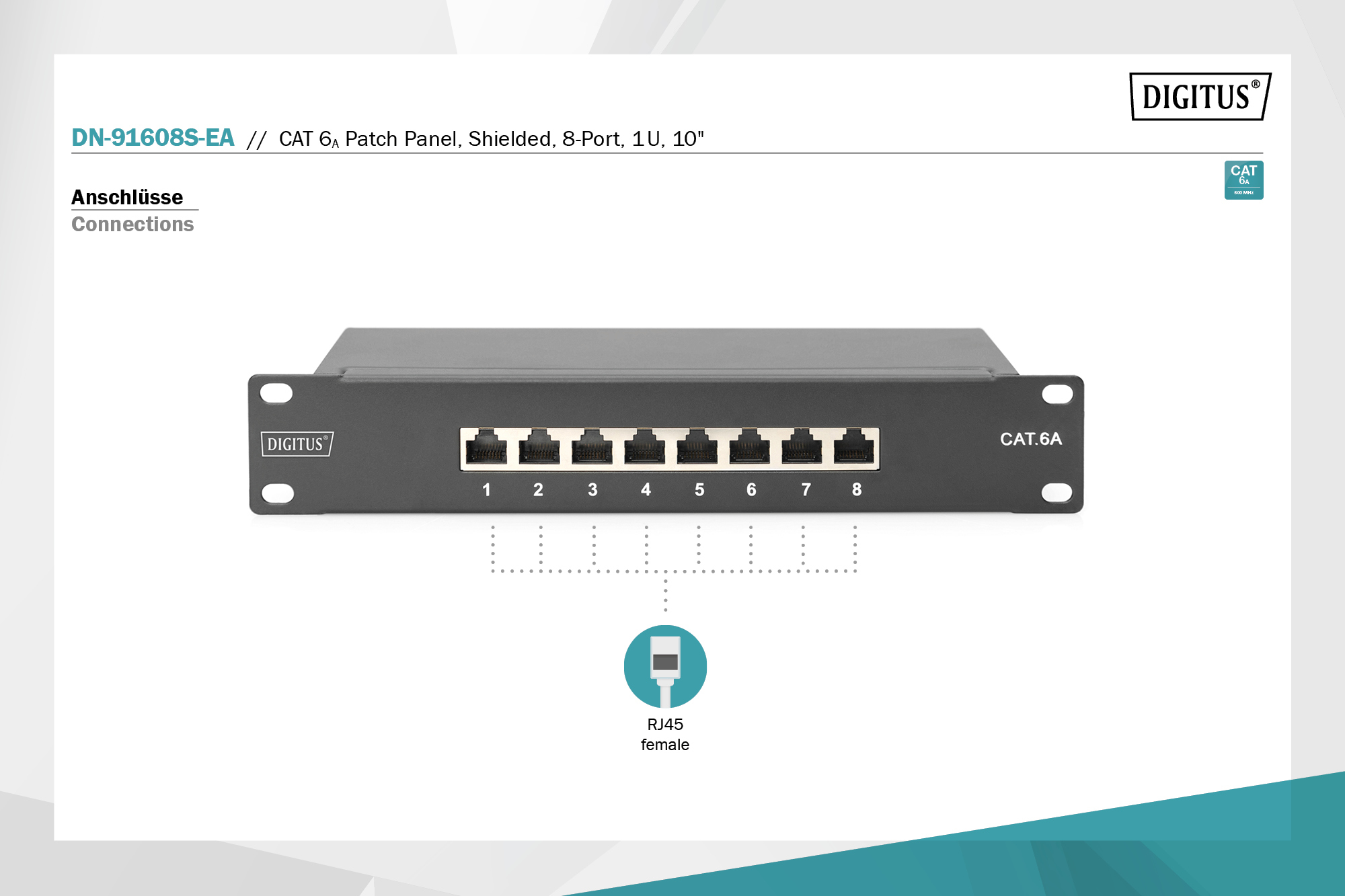 Cat.6A Patchpanel, 8-Port, 10", schwarz