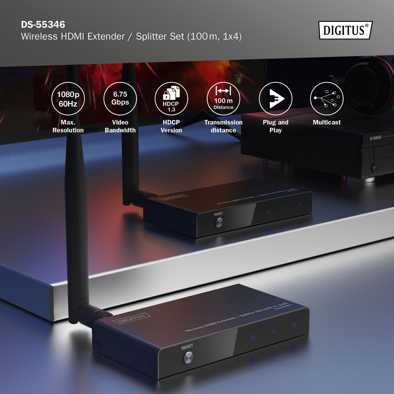 Wireless HDMI Extender / Splitter Set, 100m, 1x4
