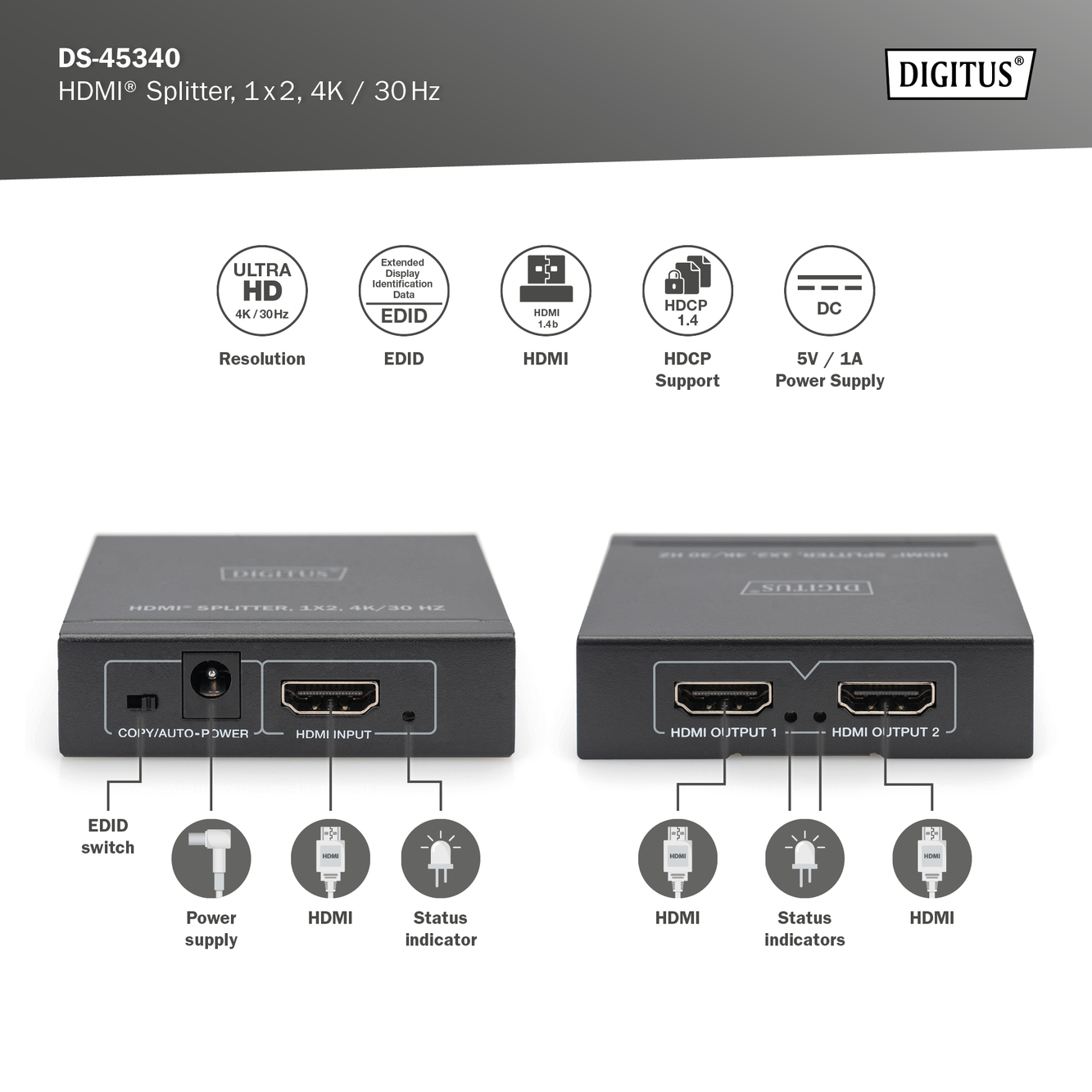 4K HDMI Splitter, 1x2, 30Hz