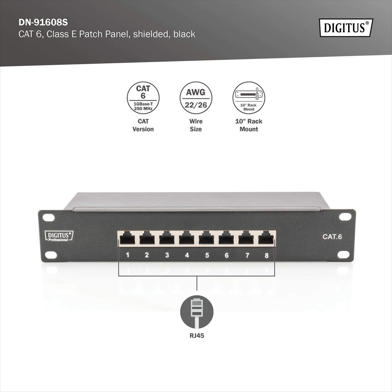 Cat.6 Patchpanel, 8-Port, 10", schwarz