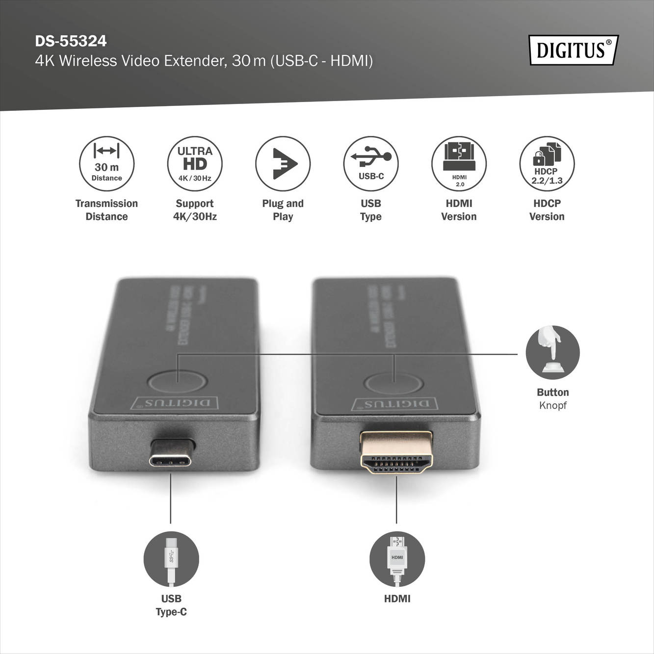 4K Wireless Video Extender Set, 30m, USB-C zu HDMI