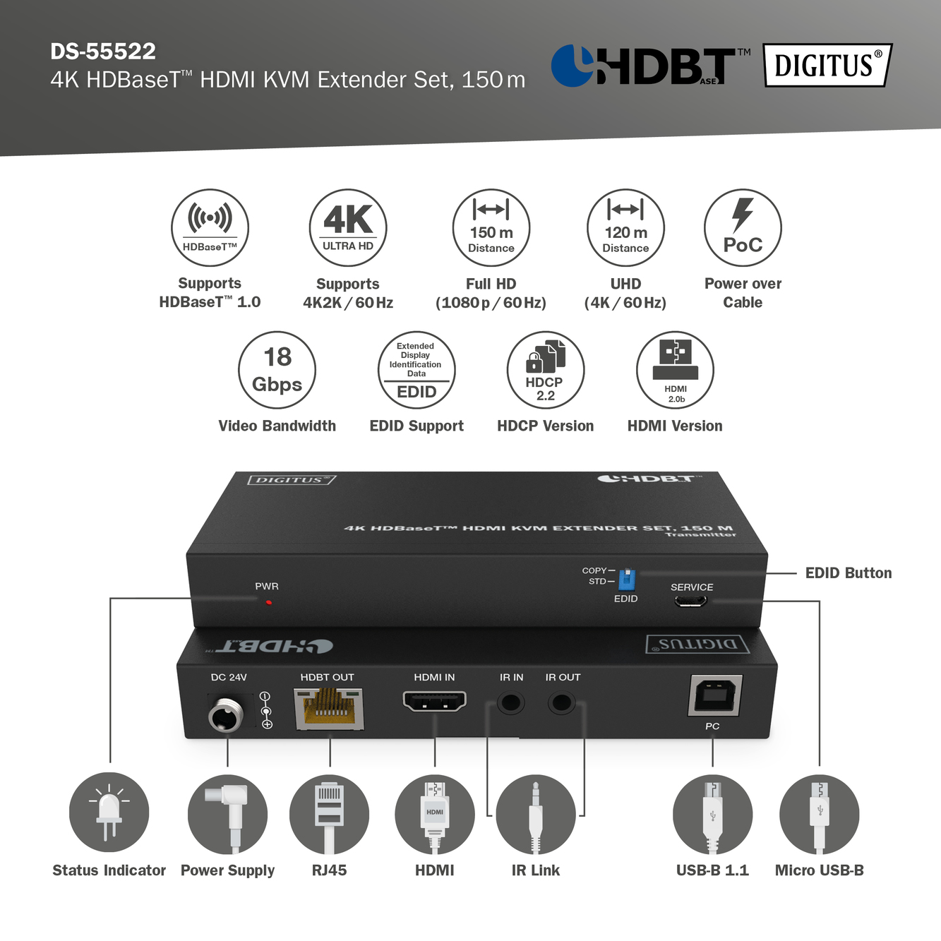 4K HDBaseT HDMI KVM Extender Set, 150m