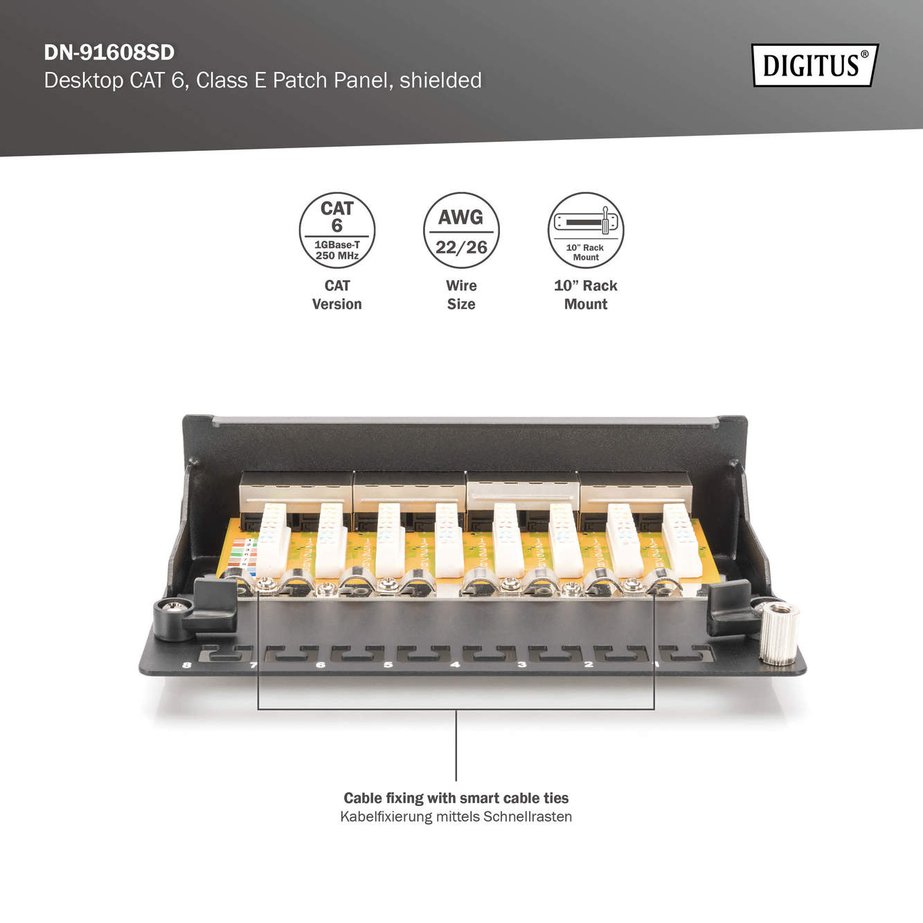 Cat.6 Desktop Patchpanel, 8-Port, schwarz