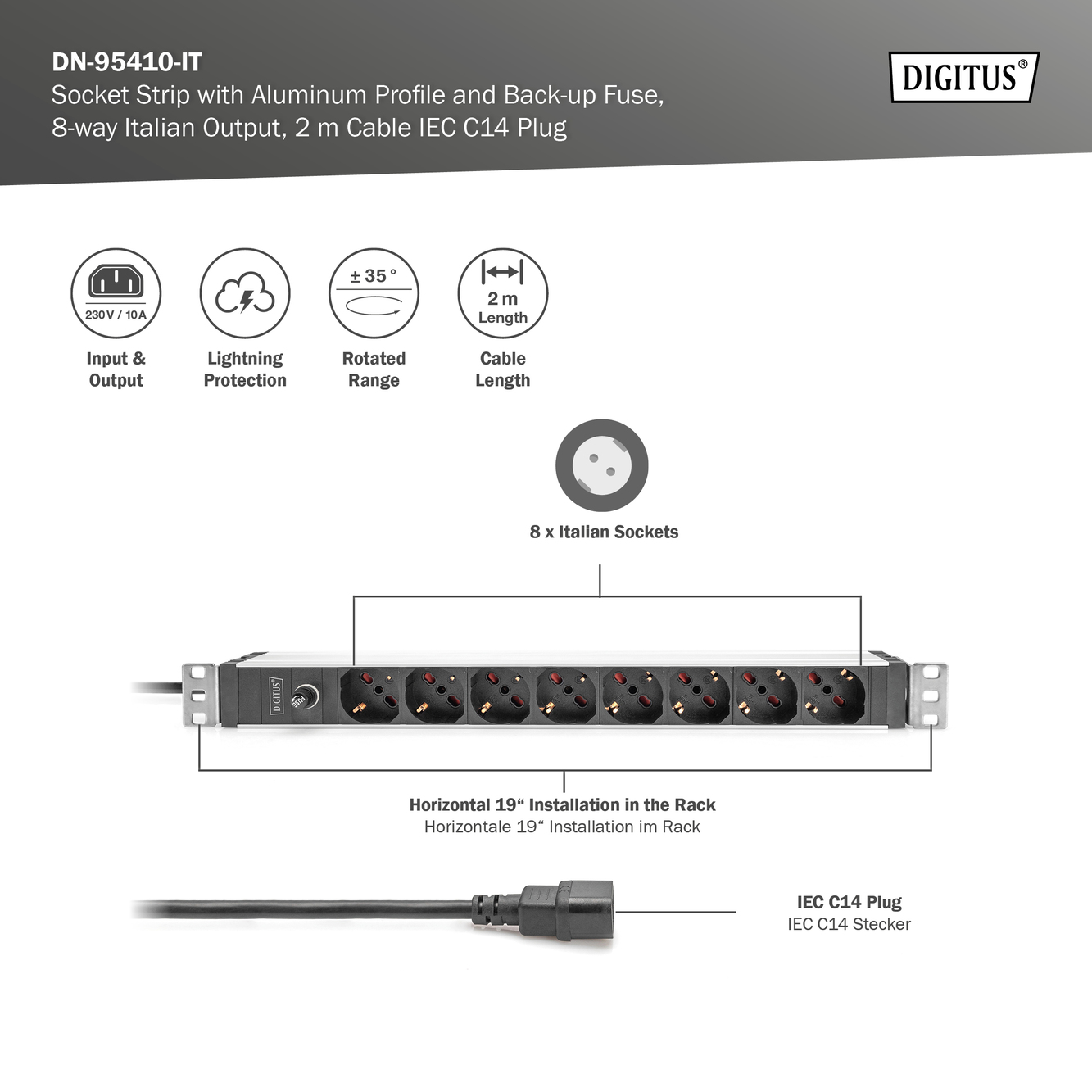 19" PDU, 8x IT-Steckdose, C14, 10A