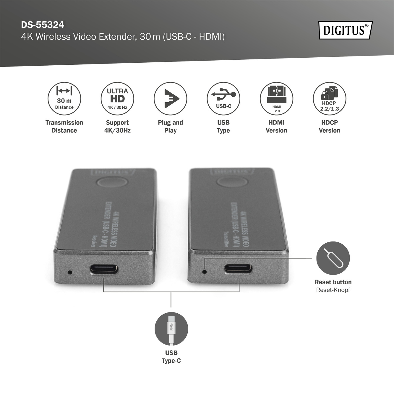 4K Wireless Video Extender Set, 30m, USB-C zu HDMI