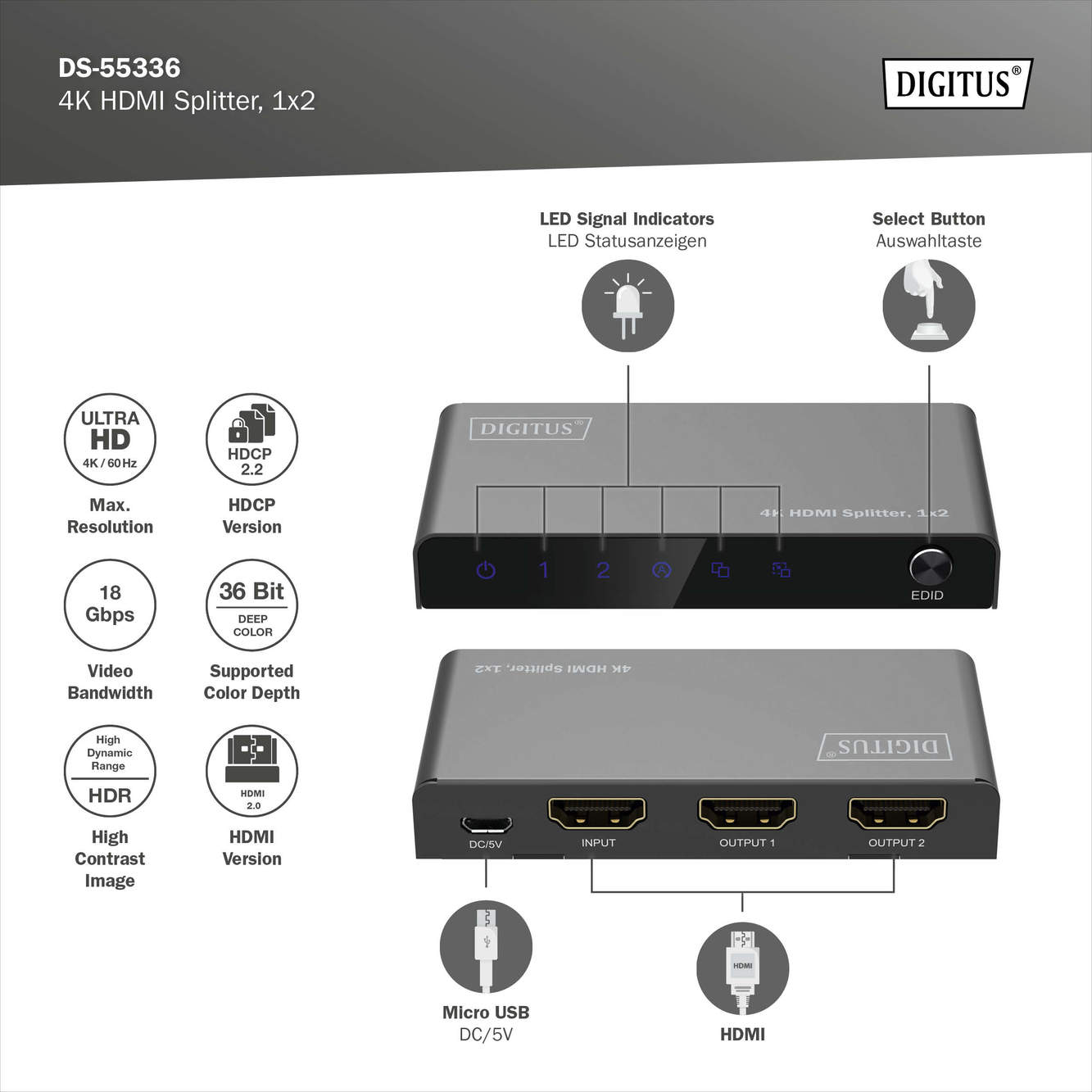 4K HDMI Splitter 1x2