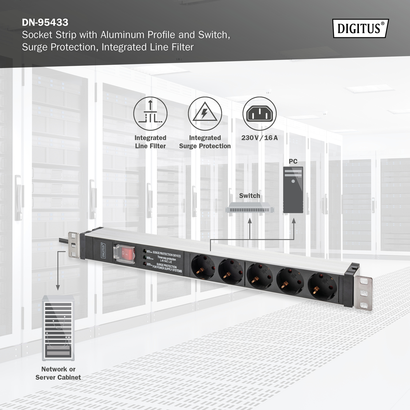 19" PDU, 5x Schuko, Netzfilter, Überspannung