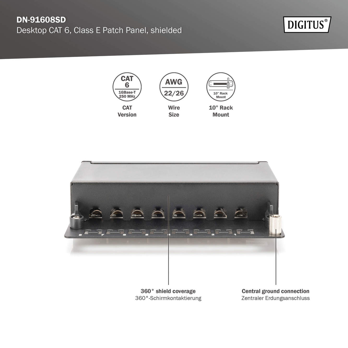 Cat.6 Desktop Patchpanel, 8-Port, schwarz