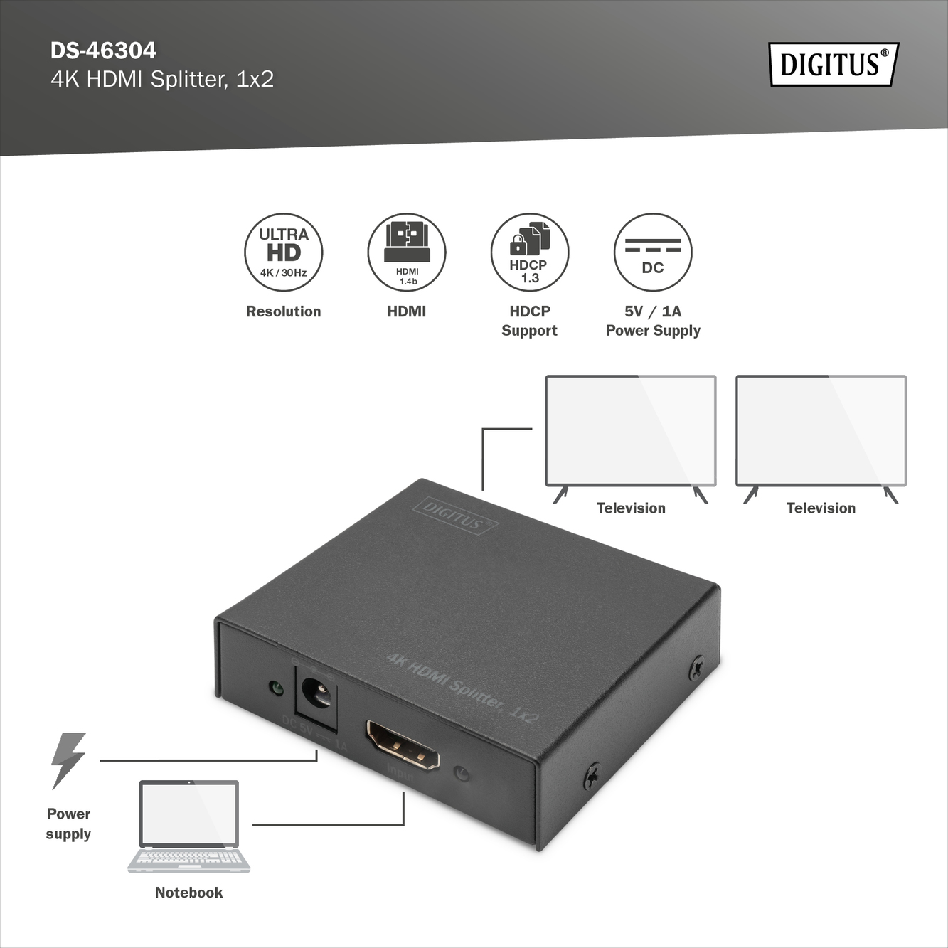 4K HDMI Splitter, 1x2, UHD 30Hz