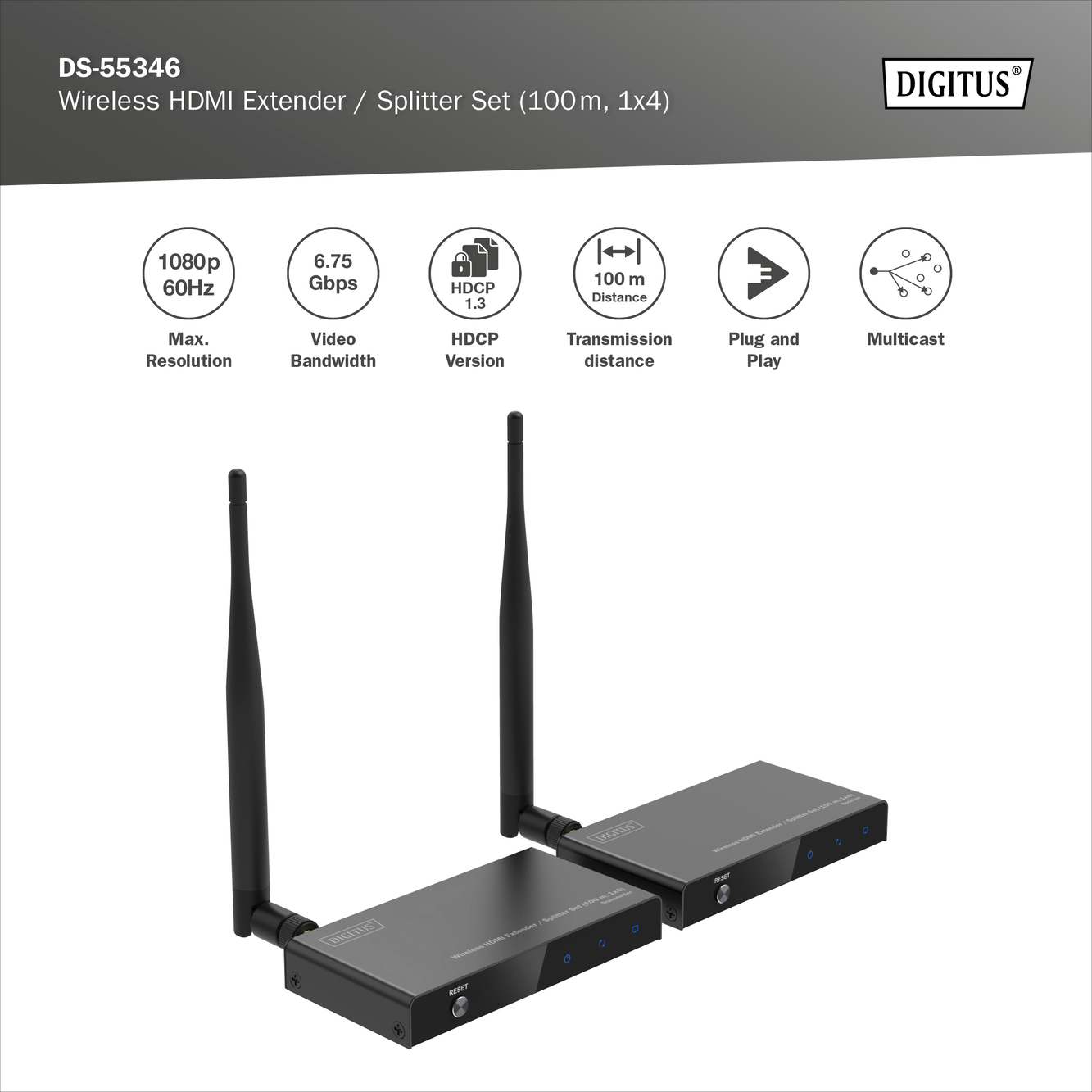 Wireless HDMI Extender / Splitter Set, 100m, 1x4