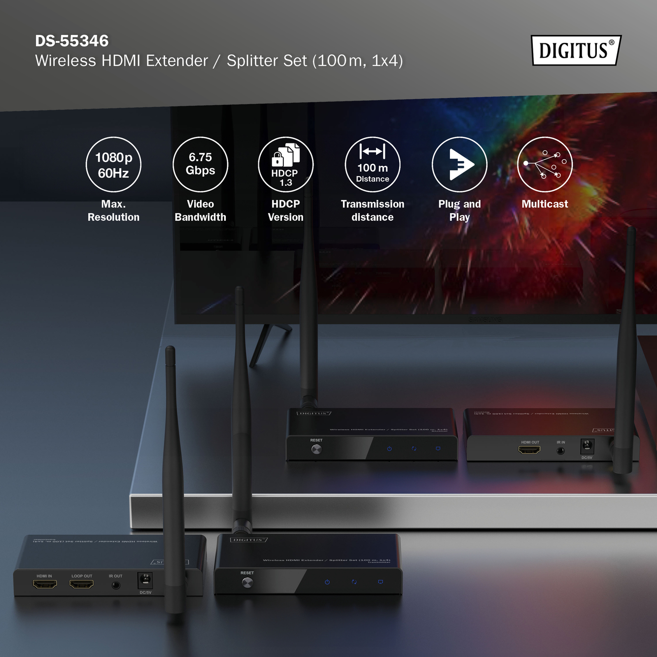 Wireless HDMI Extender / Splitter Set, 100m, 1x4