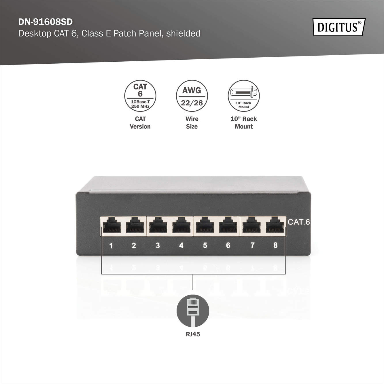 Cat.6 Desktop Patchpanel, 8-Port, schwarz