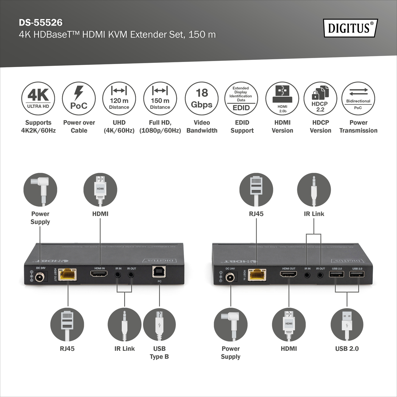 4K HDBaseT 2.0 HDMI KVM Extender Set, 150m