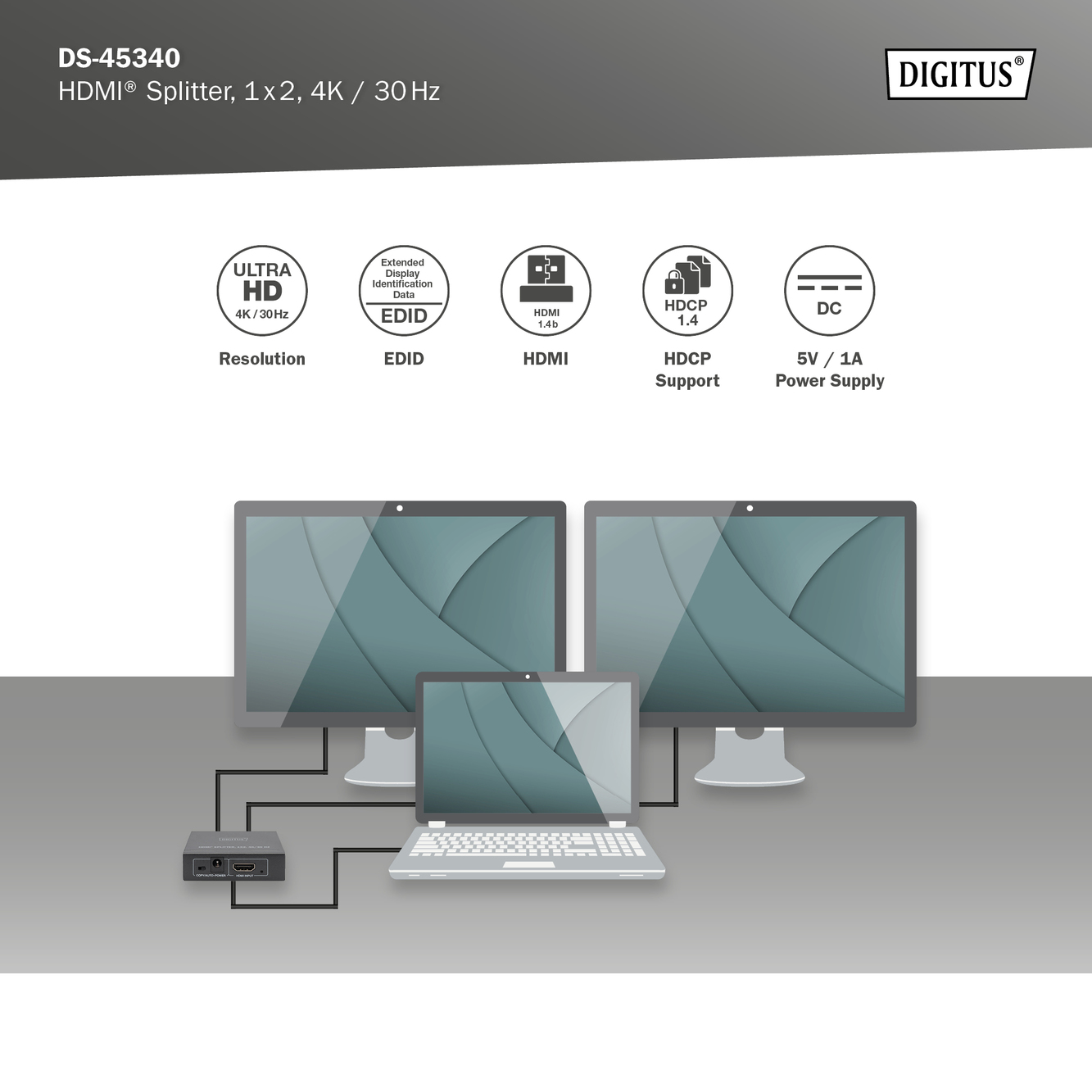 4K HDMI Splitter, 1x2, 30Hz
