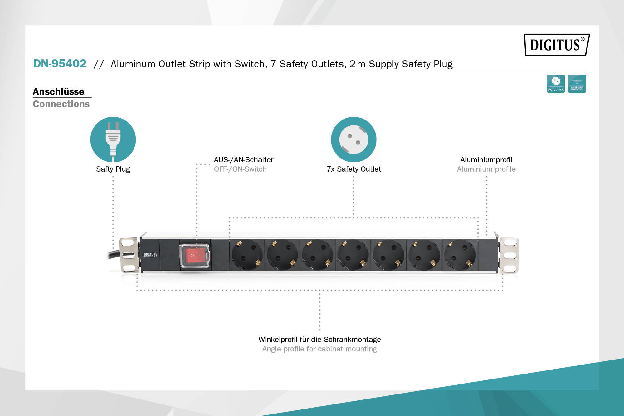19" PDU, 7x Schuko, Schalter, 16A